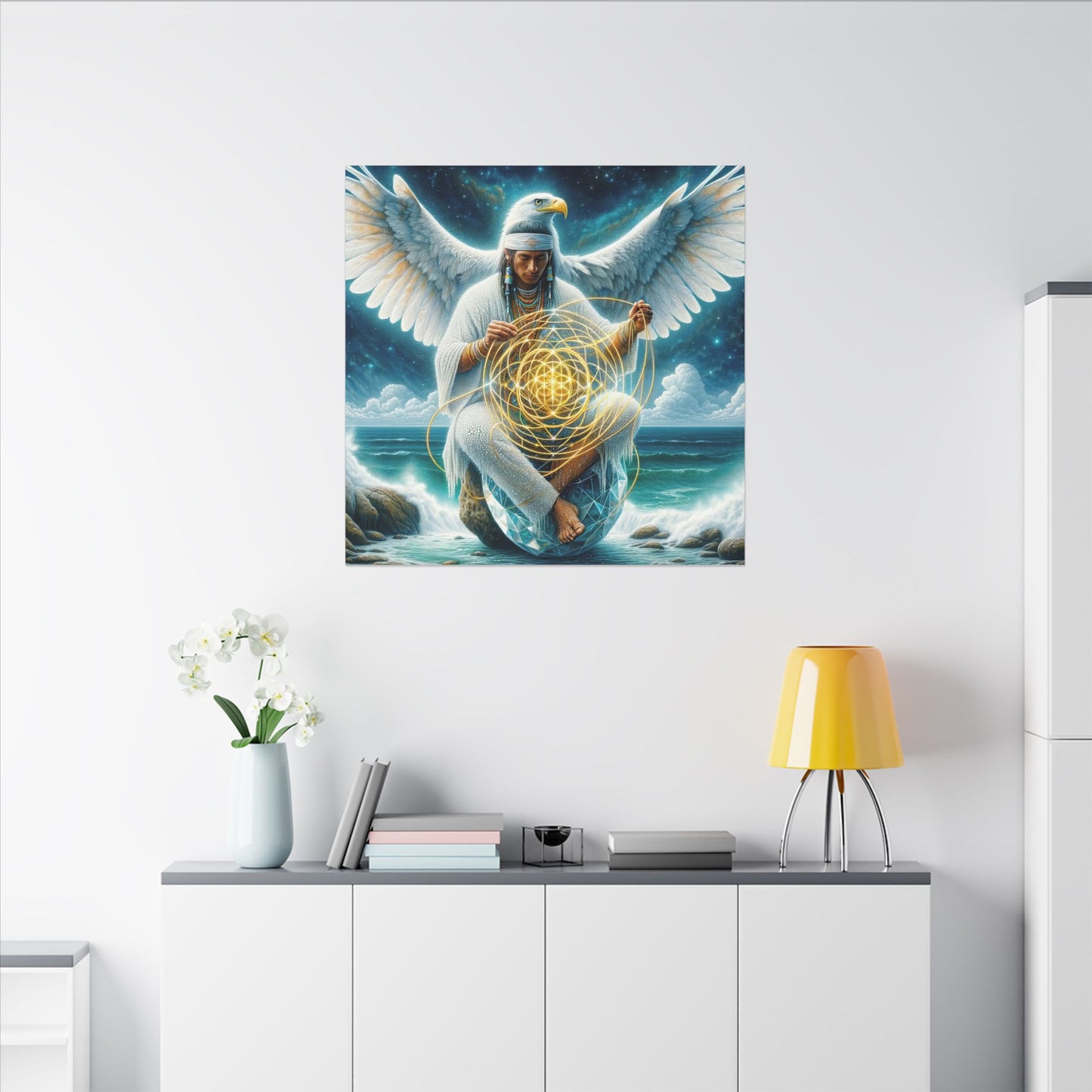 Spiritual Canvas Art - Ethereal Eagle Spirit with Sacred Geometry