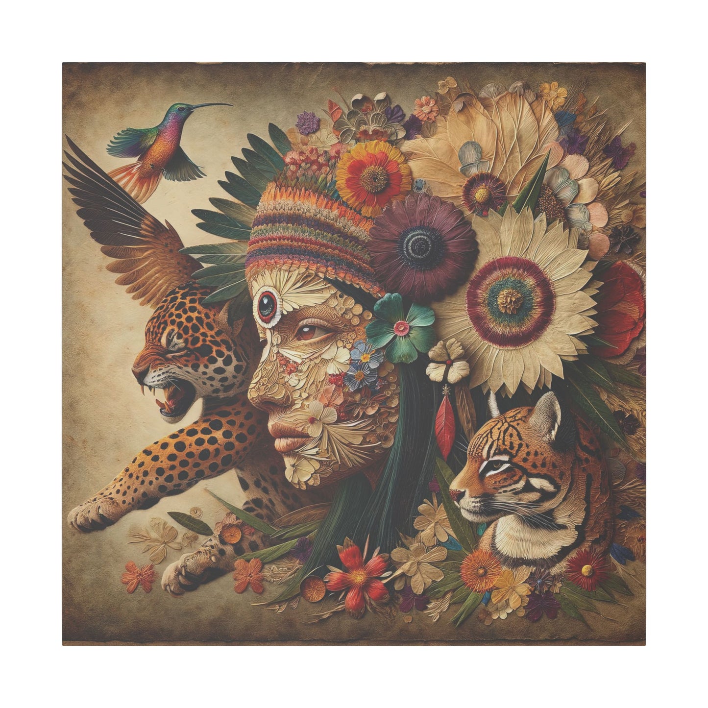Medicine Woman and Jaguar and Hummingbird Spirit-Matte Mystic Canvas Art