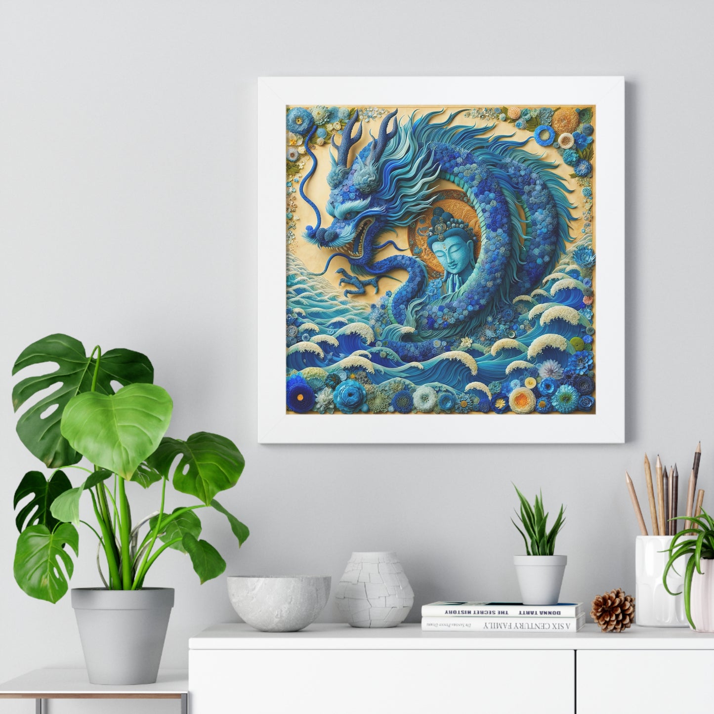 Sacred Blue Dragon and Kuan Yin-Framed Poster