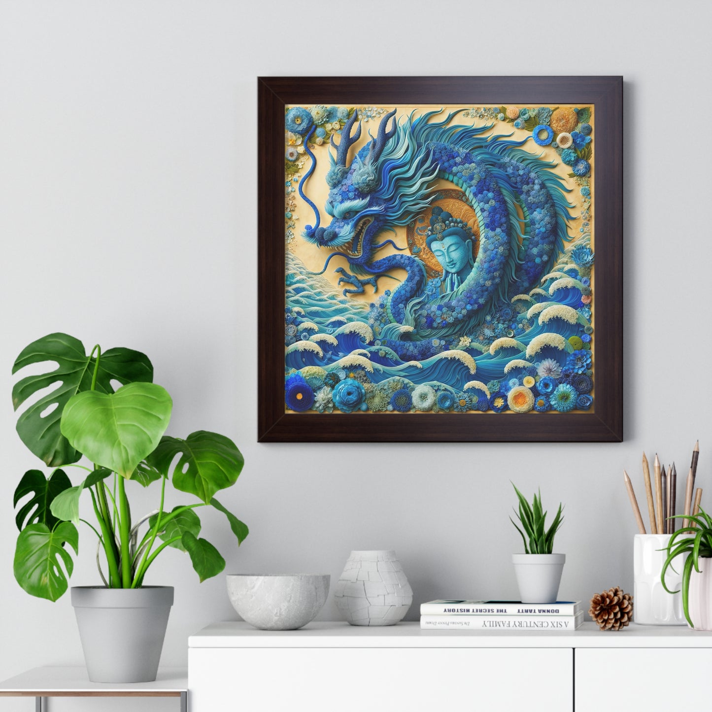 Sacred Blue Dragon and Kuan Yin-Framed Poster