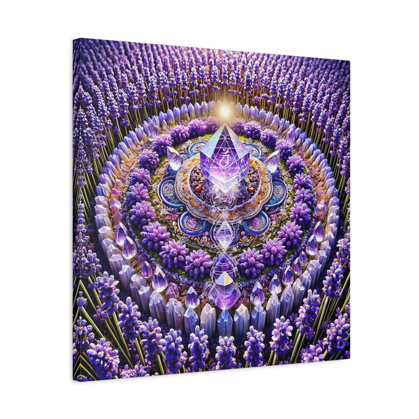 Mandala de lavanda y llama violeta sagrada: arte en lienzo mate