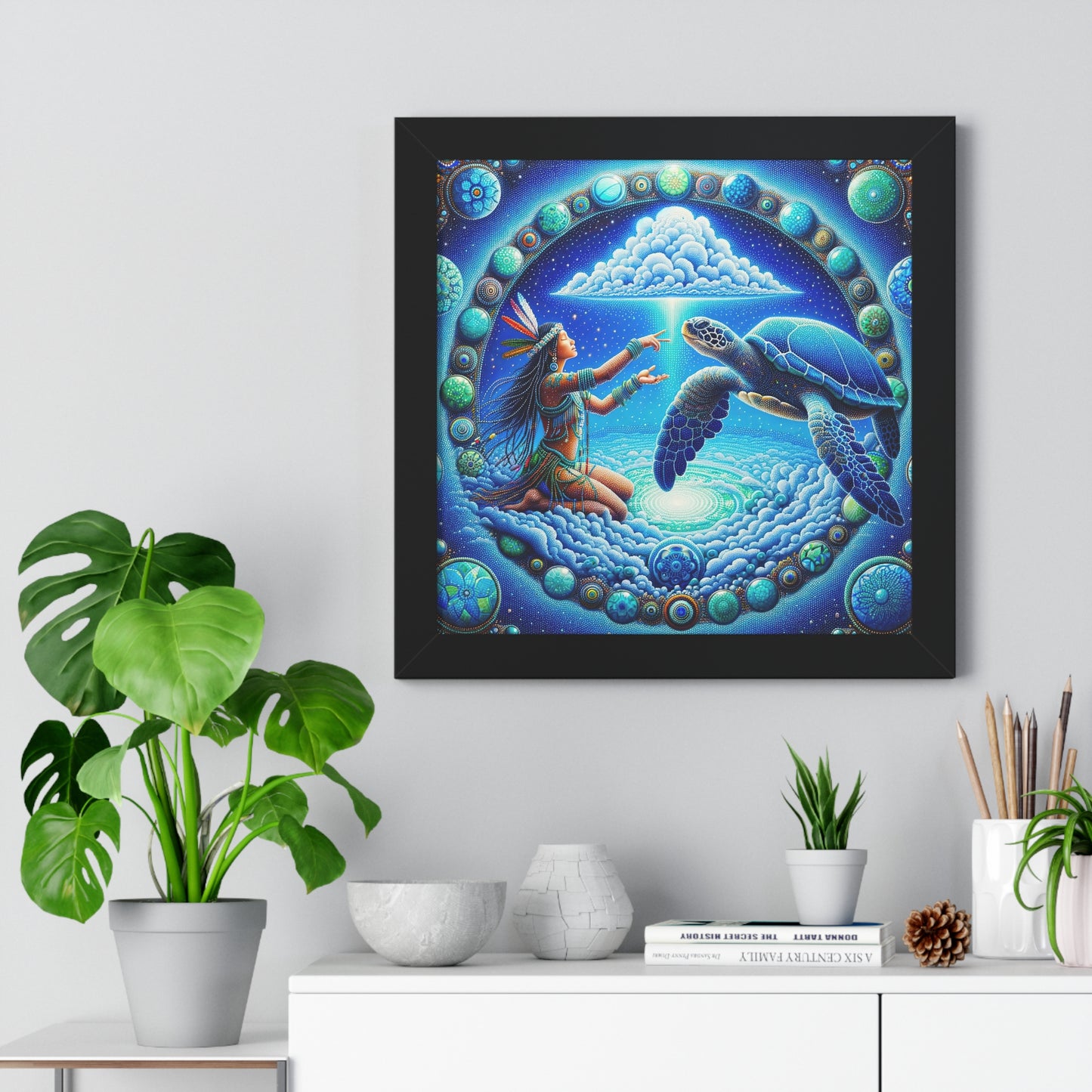 Sky Woman and Turtle-Cosmic Harmony Framed  Poster