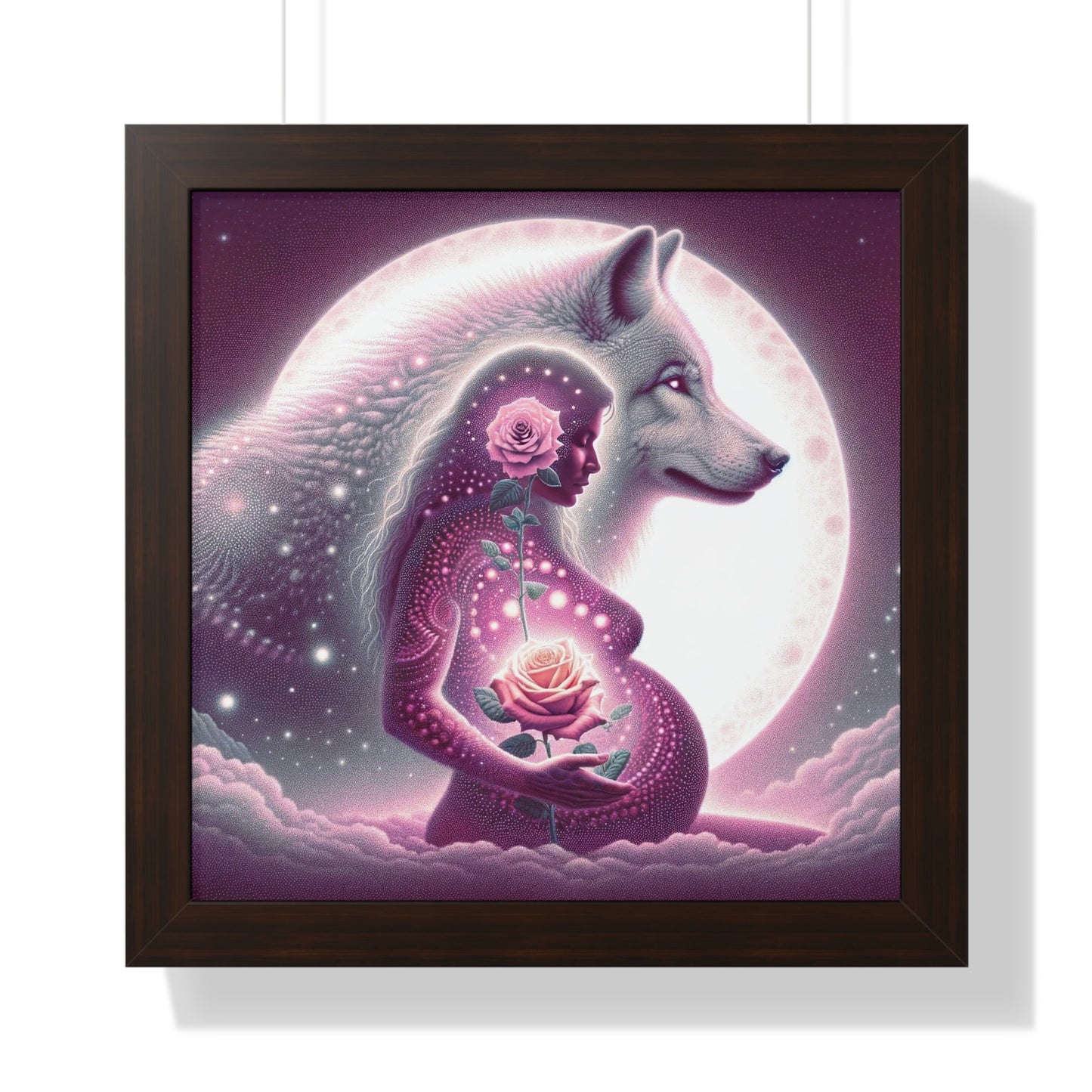 Rose and Moon Wolf, Awakening Sacred Feminine- Framed Vertical Print