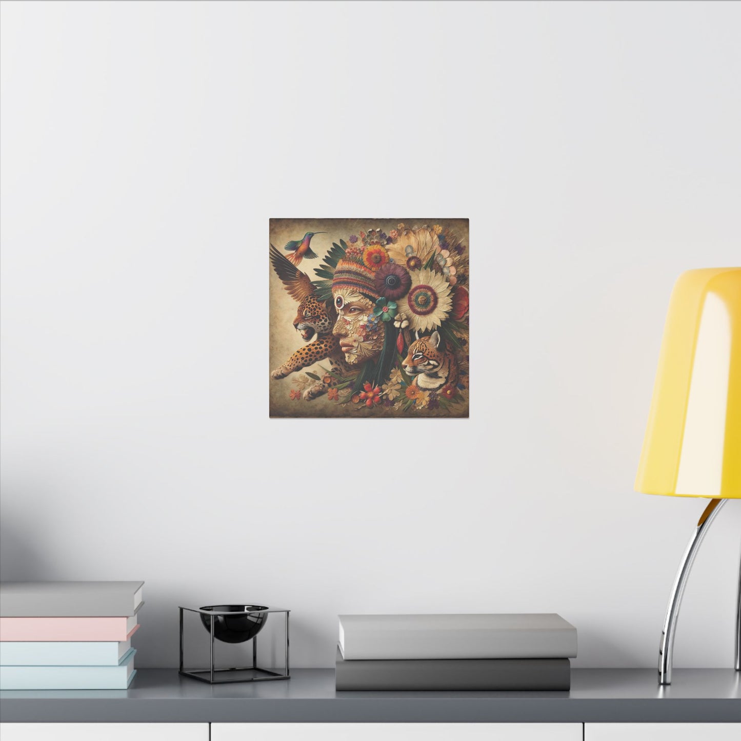 Medicine Woman and Jaguar and Hummingbird Spirit-Matte Mystic Canvas Art