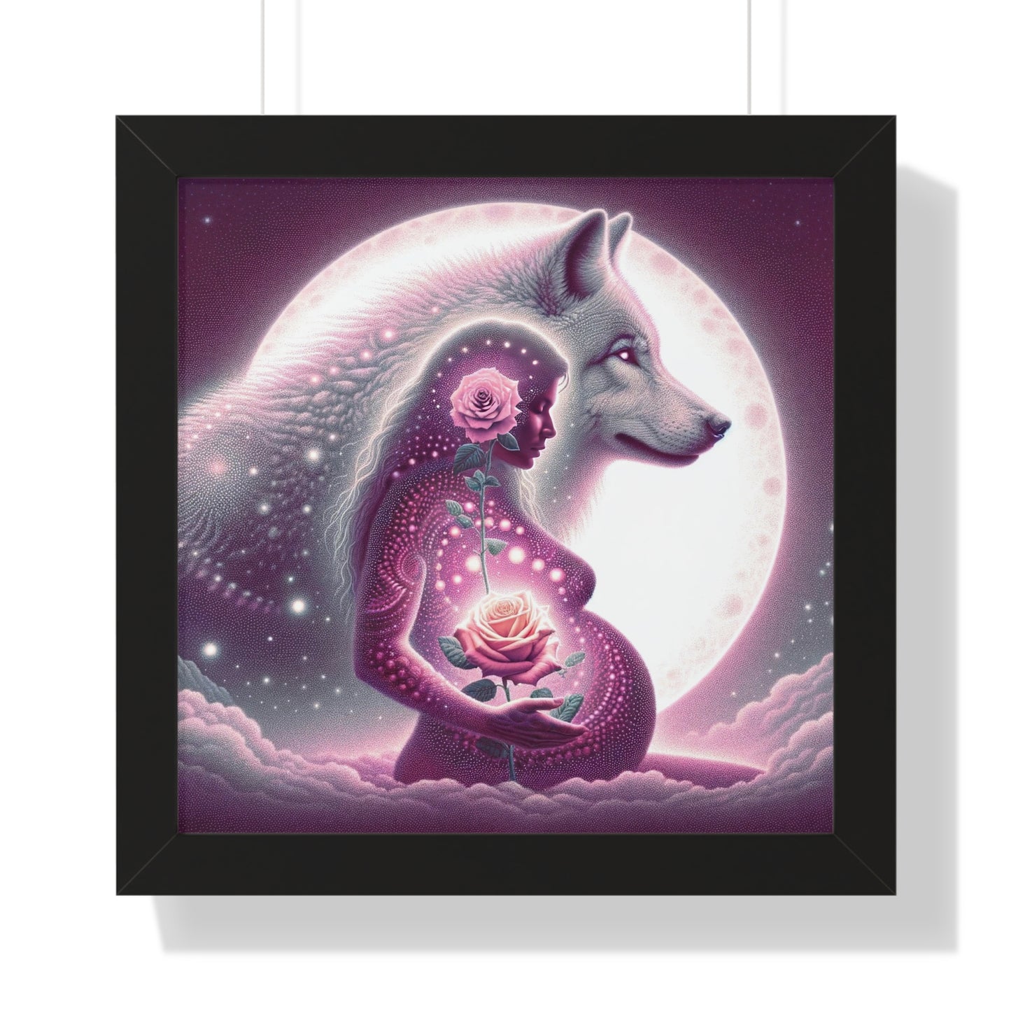 Rose and Moon Wolf, Awakening Sacred Feminine- Framed Vertical Print