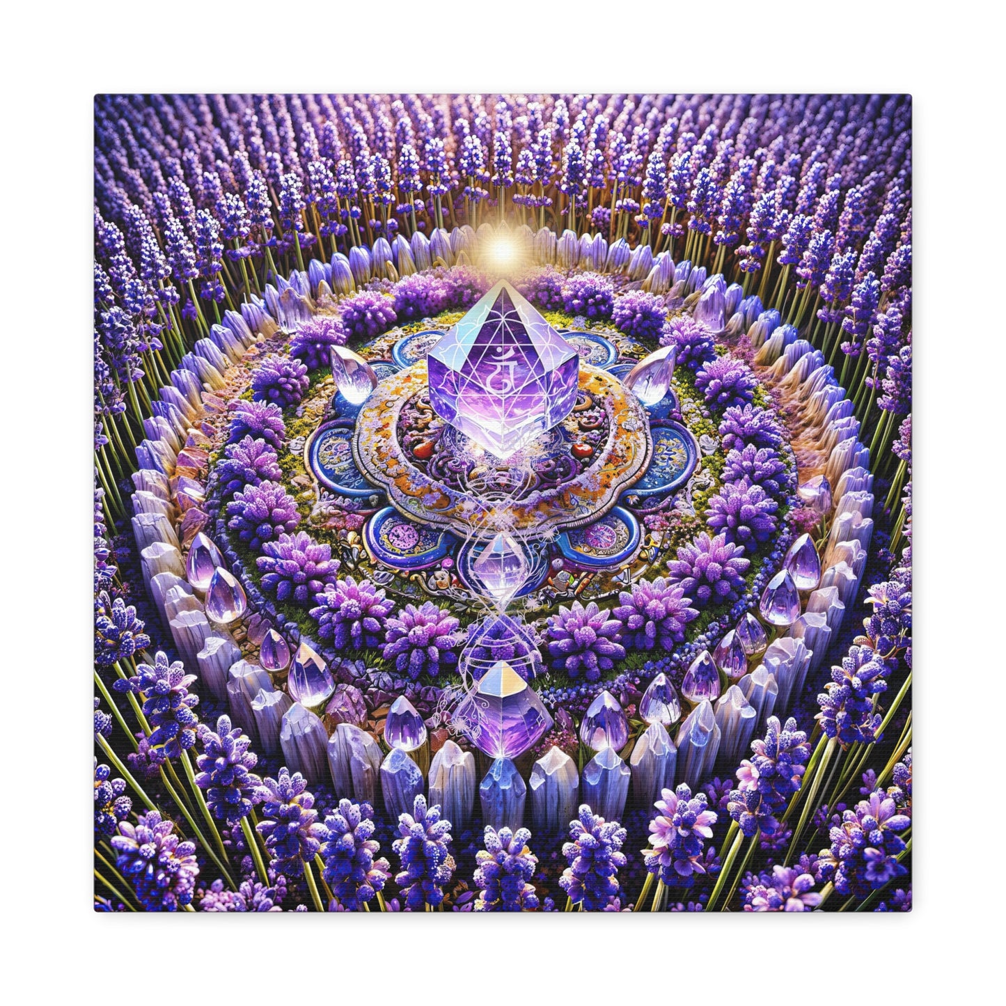 Mandala de lavanda y llama violeta sagrada: arte en lienzo mate