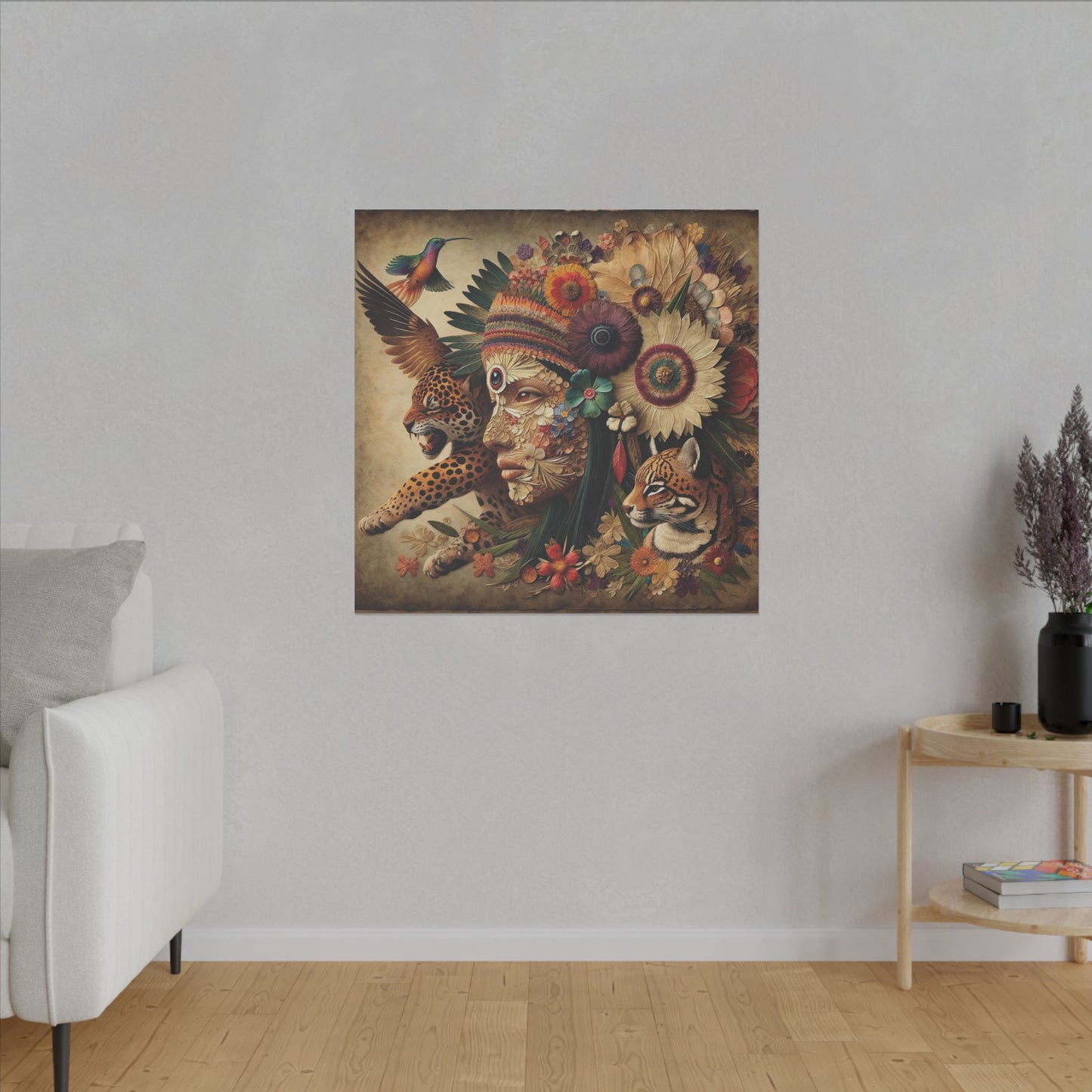 Medicine Woman and Jaguar and Hummingbird Spirit-Matte Mystic Canvas Art