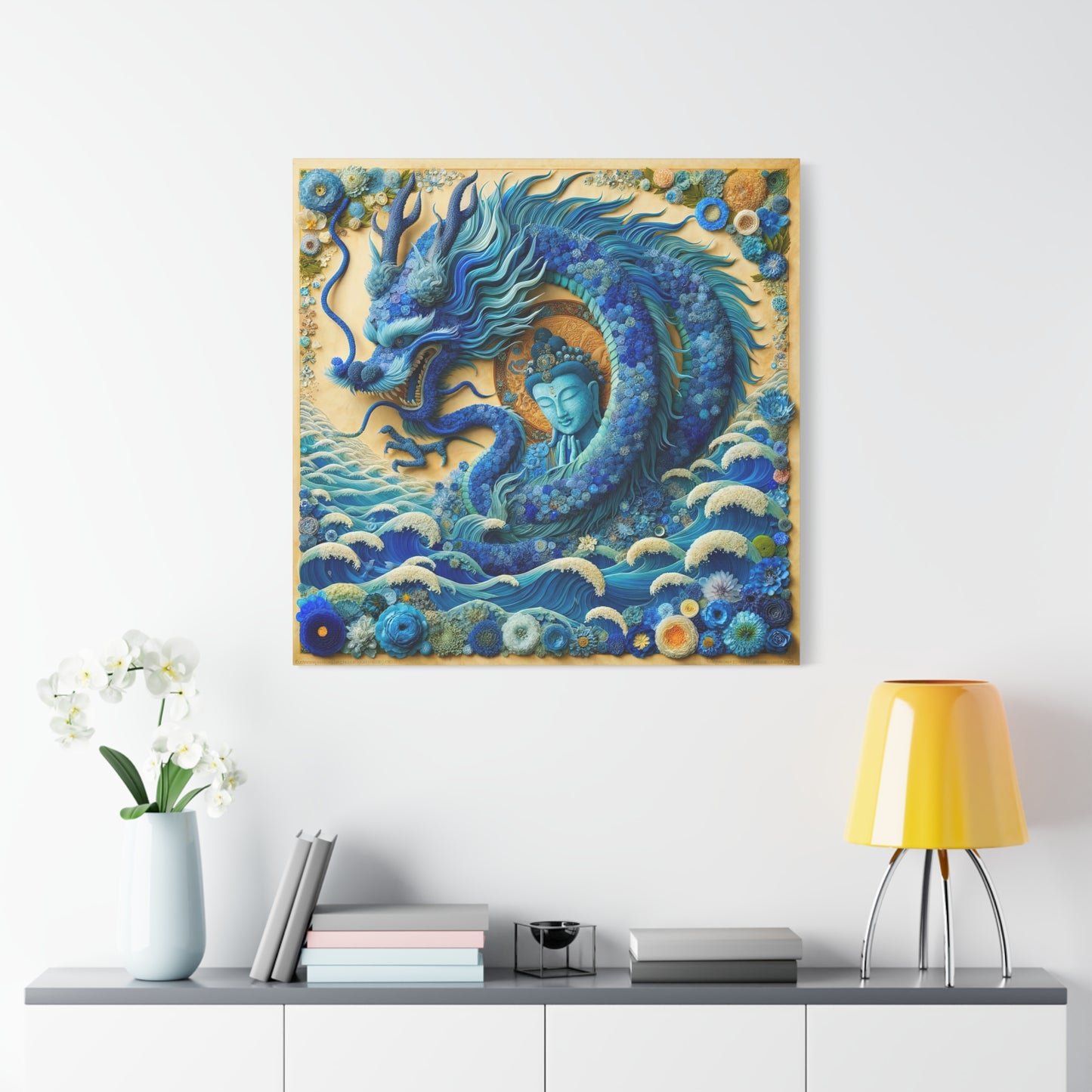 Sacred Blue Dragon and Kuan Yin-Matte Canvas Wall Art