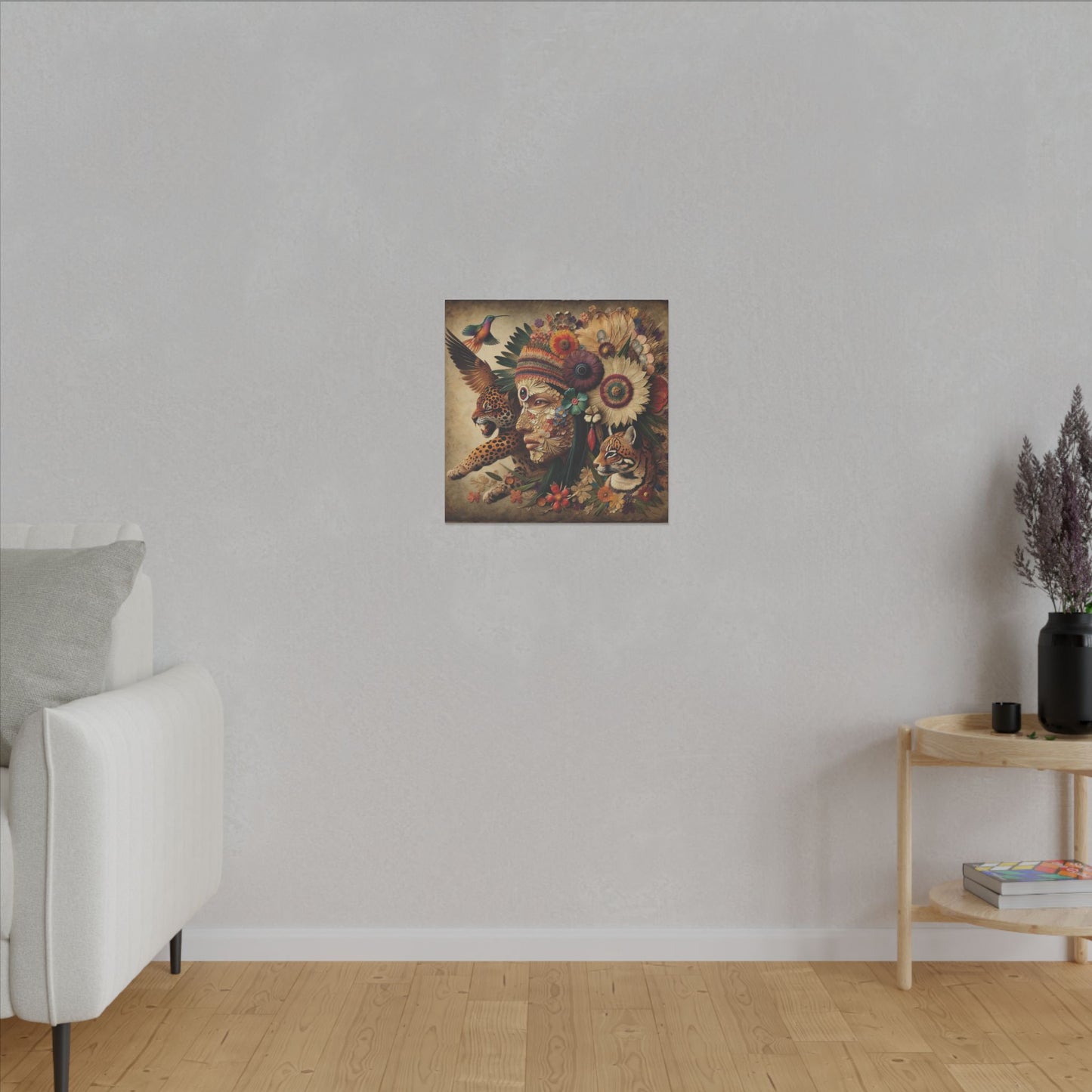 Medicine Woman and Jaguar and Hummingbird Spirit-Matte Mystic Canvas Art