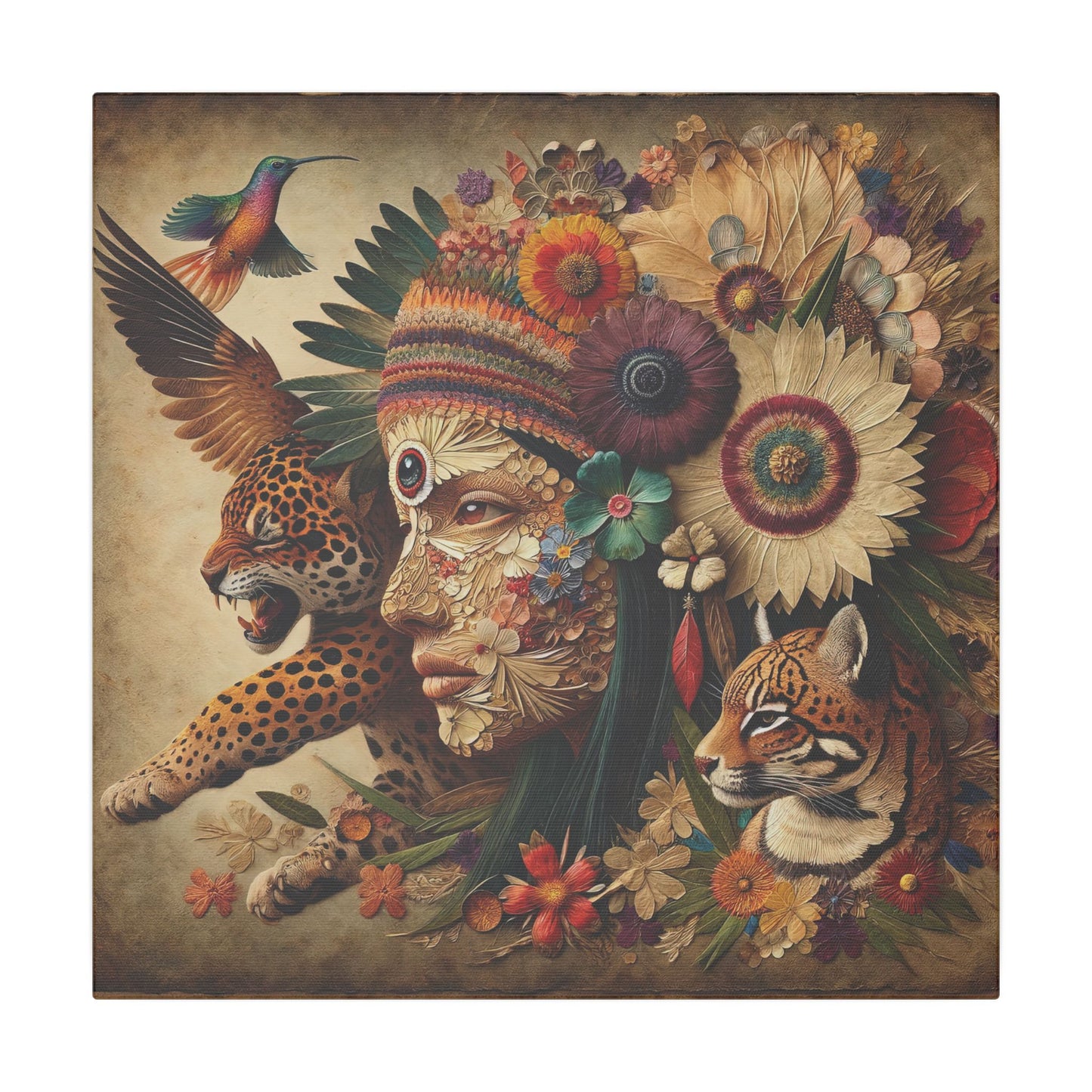 Medicine Woman and Jaguar and Hummingbird Spirit-Matte Mystic Canvas Art