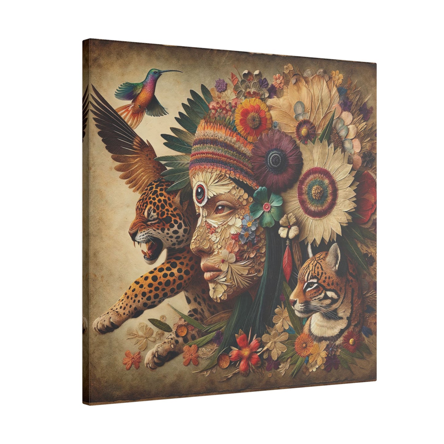 Medicine Woman and Jaguar and Hummingbird Spirit-Matte Mystic Canvas Art