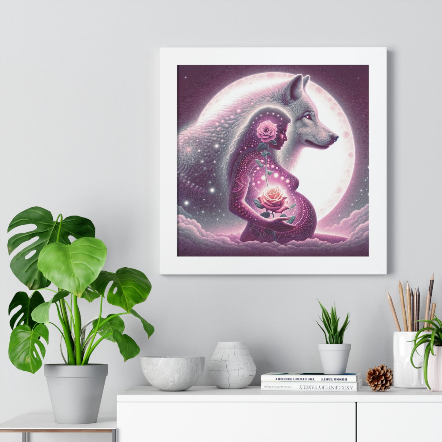 Rose and Moon Wolf, Awakening Sacred Feminine- Framed Vertical Print