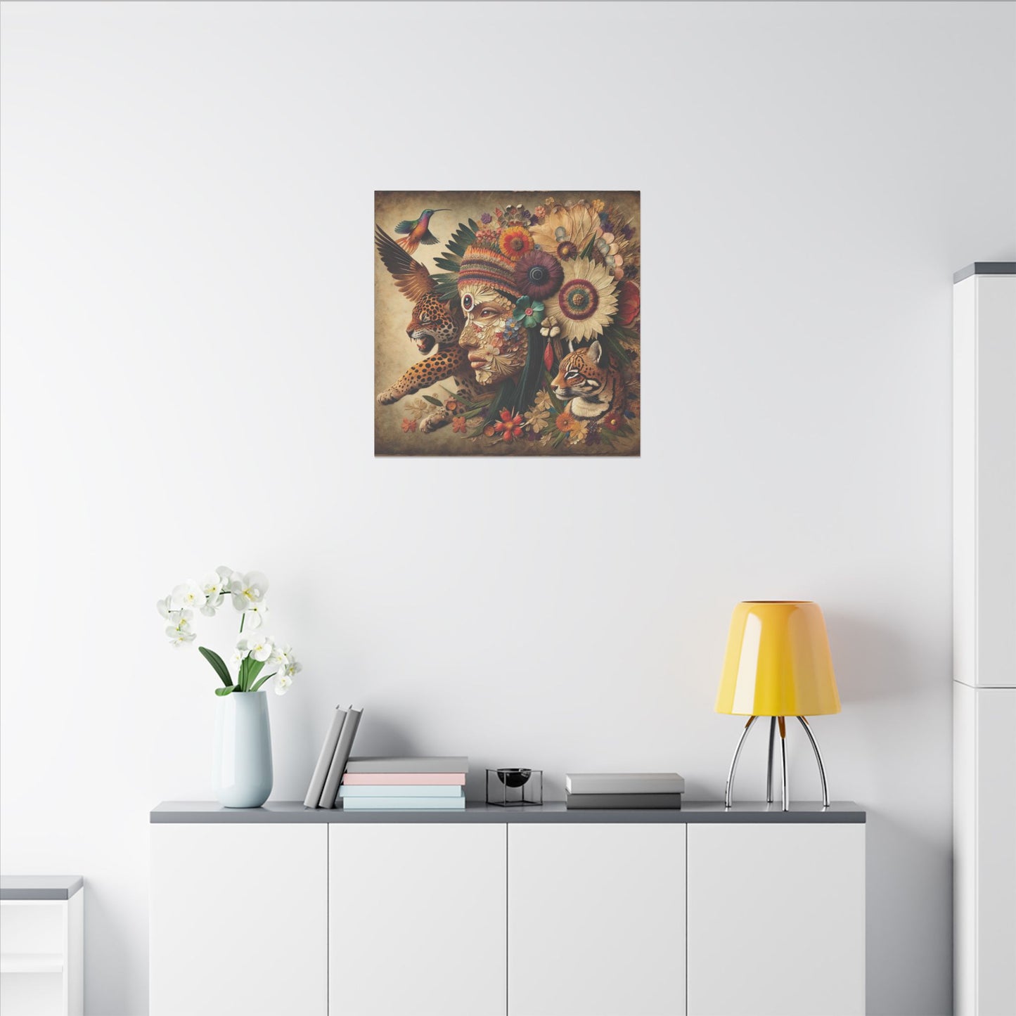 Medicine Woman and Jaguar and Hummingbird Spirit-Matte Mystic Canvas Art