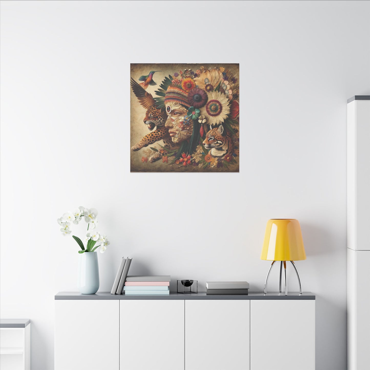 Medicine Woman and Jaguar and Hummingbird Spirit-Matte Mystic Canvas Art