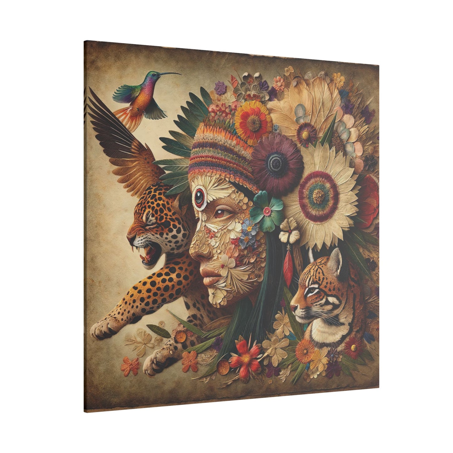 Medicine Woman and Jaguar and Hummingbird Spirit-Matte Mystic Canvas Art