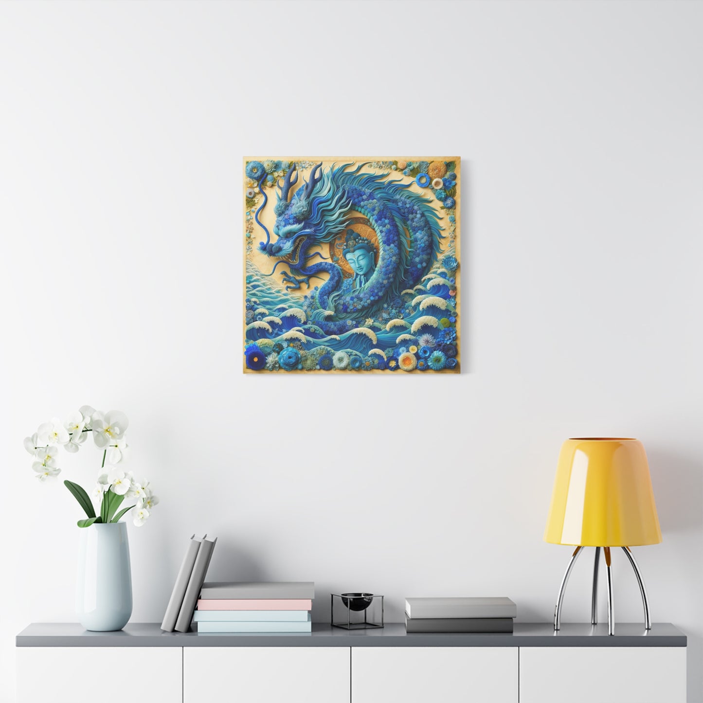 Sacred Blue Dragon and Kuan Yin-Matte Canvas Wall Art