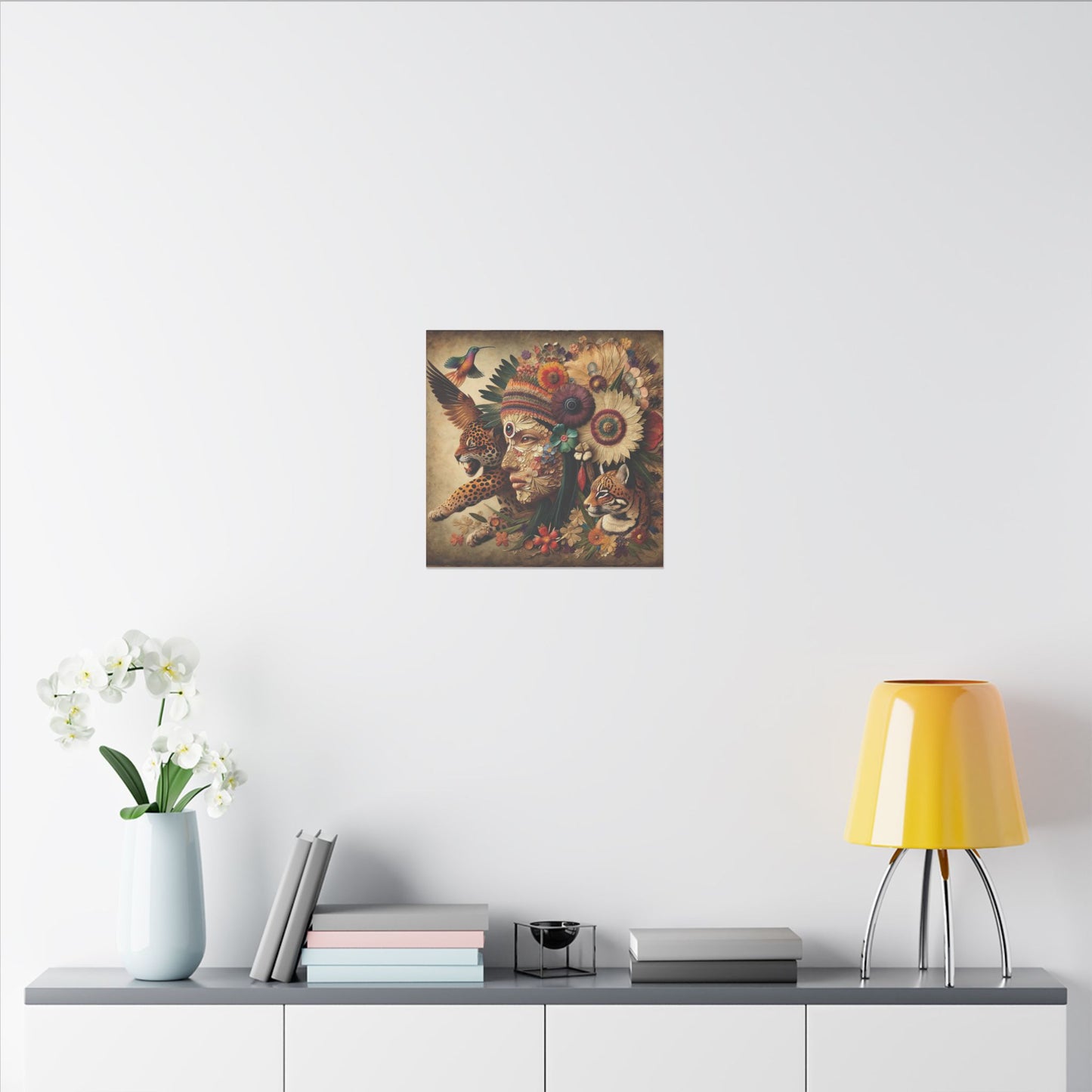 Medicine Woman and Jaguar and Hummingbird Spirit-Matte Mystic Canvas Art