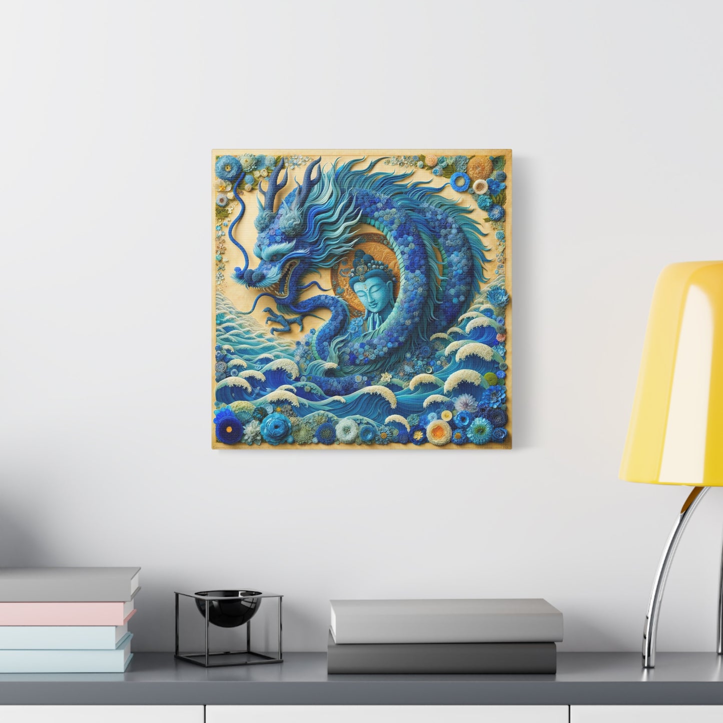 Sacred Blue Dragon and Kuan Yin-Matte Canvas Wall Art