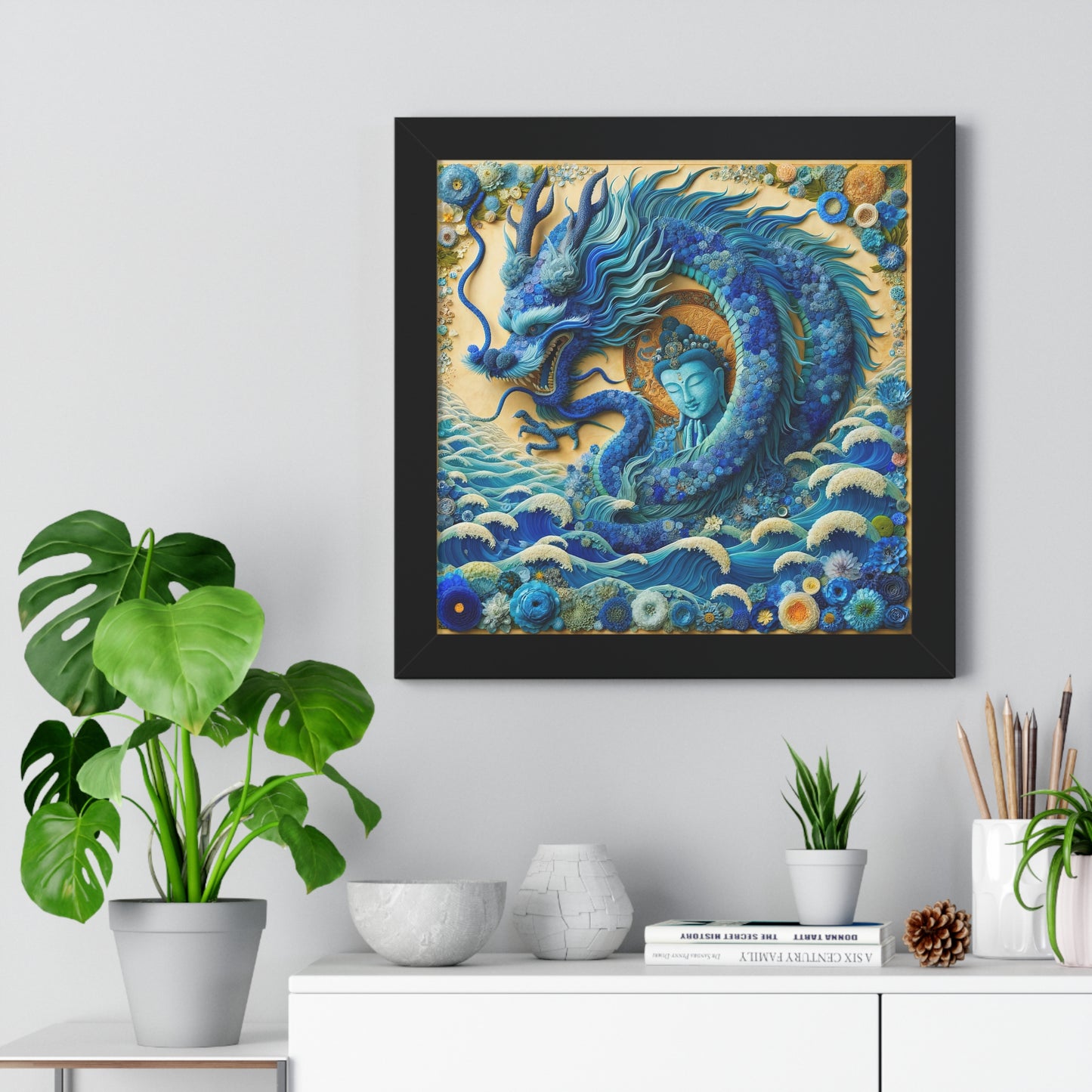 Sacred Blue Dragon and Kuan Yin-Framed Poster