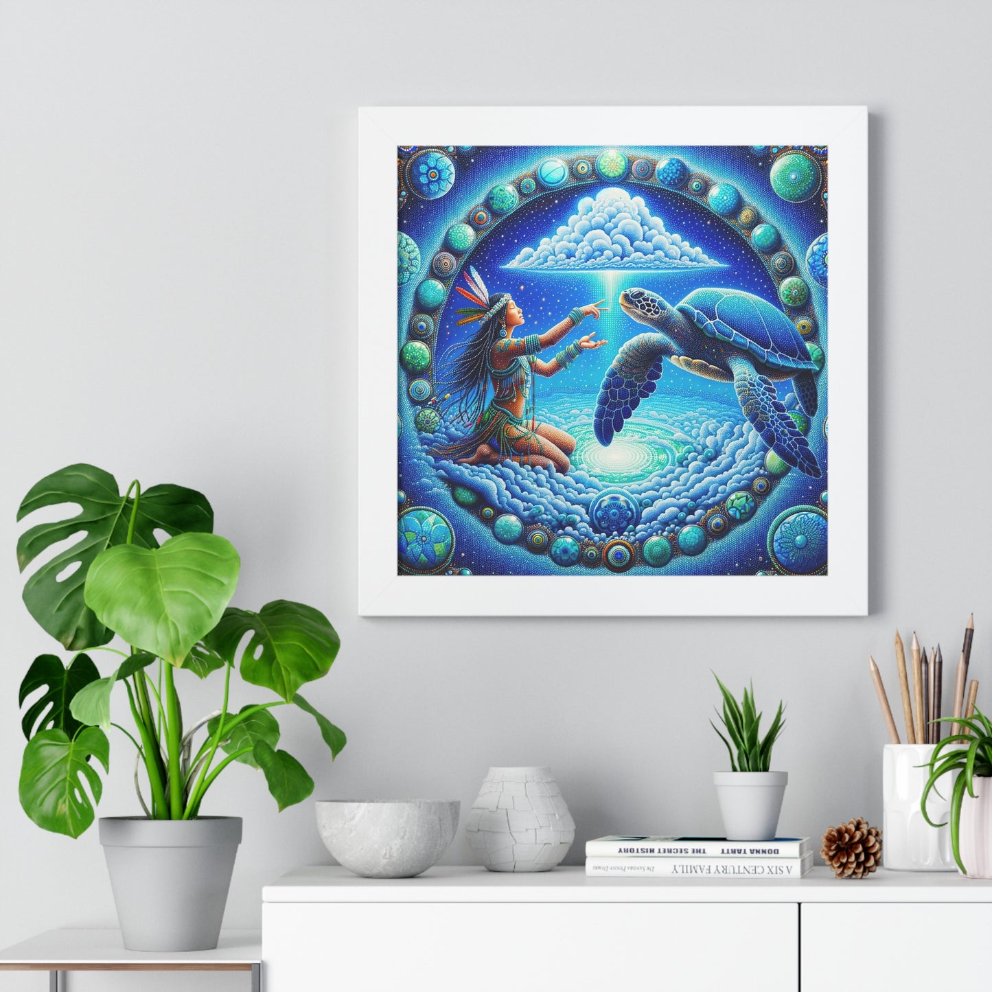 Sky Woman and Turtle-Cosmic Harmony Framed  Poster