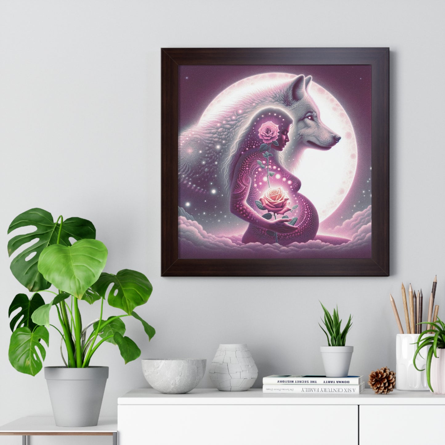 Rose and Moon Wolf, Awakening Sacred Feminine- Framed Vertical Print