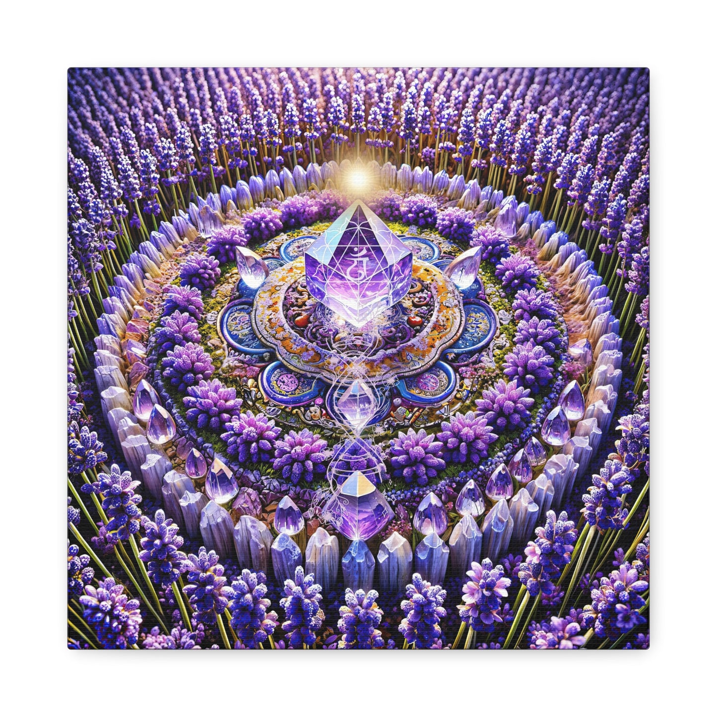 Mandala de lavanda y llama violeta sagrada: arte en lienzo mate