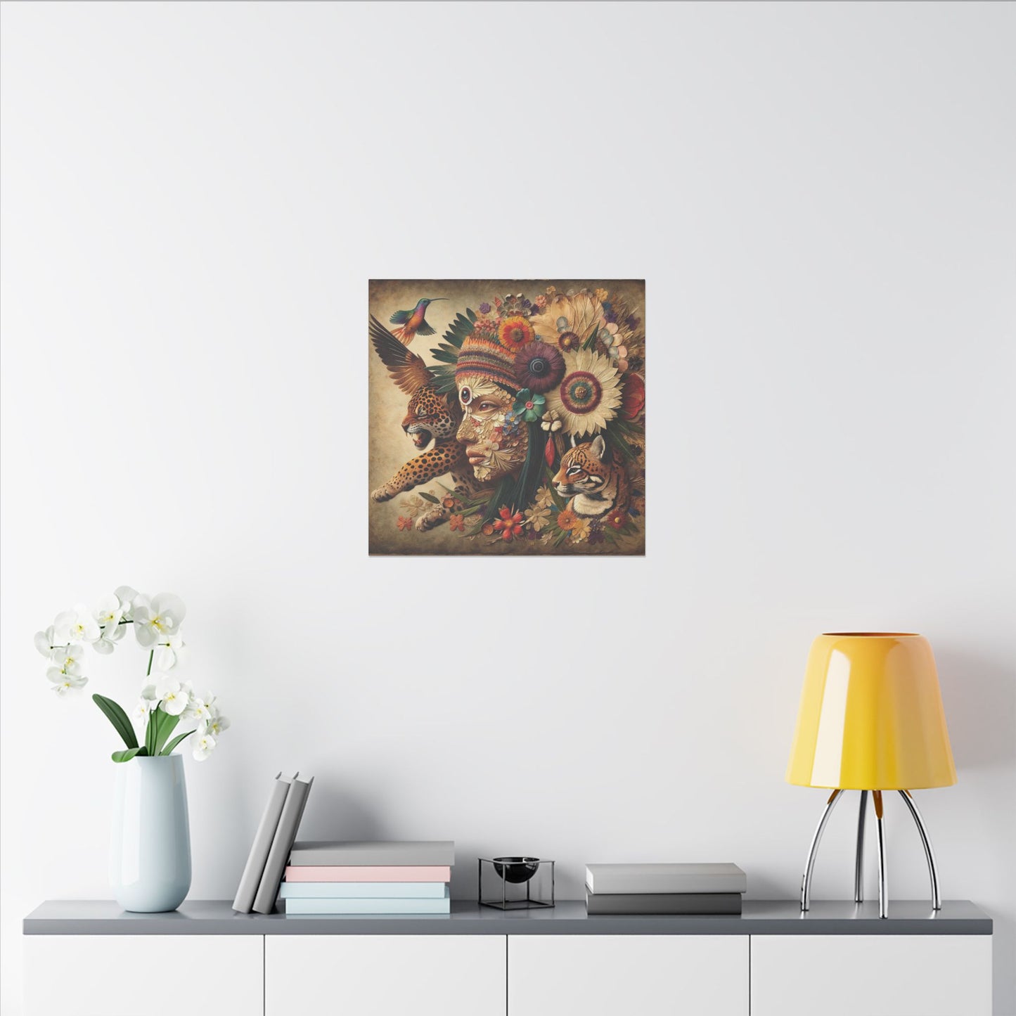 Medicine Woman and Jaguar and Hummingbird Spirit-Matte Mystic Canvas Art