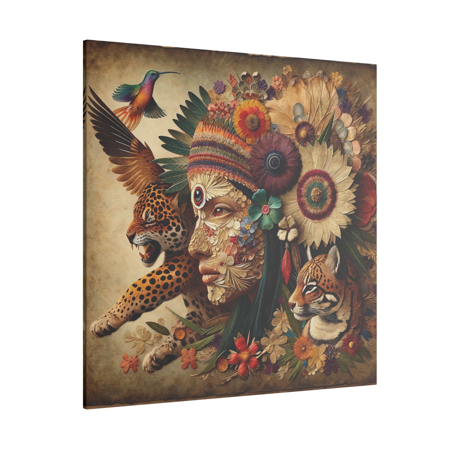 Medicine Woman and Jaguar and Hummingbird Spirit-Matte Mystic Canvas Art