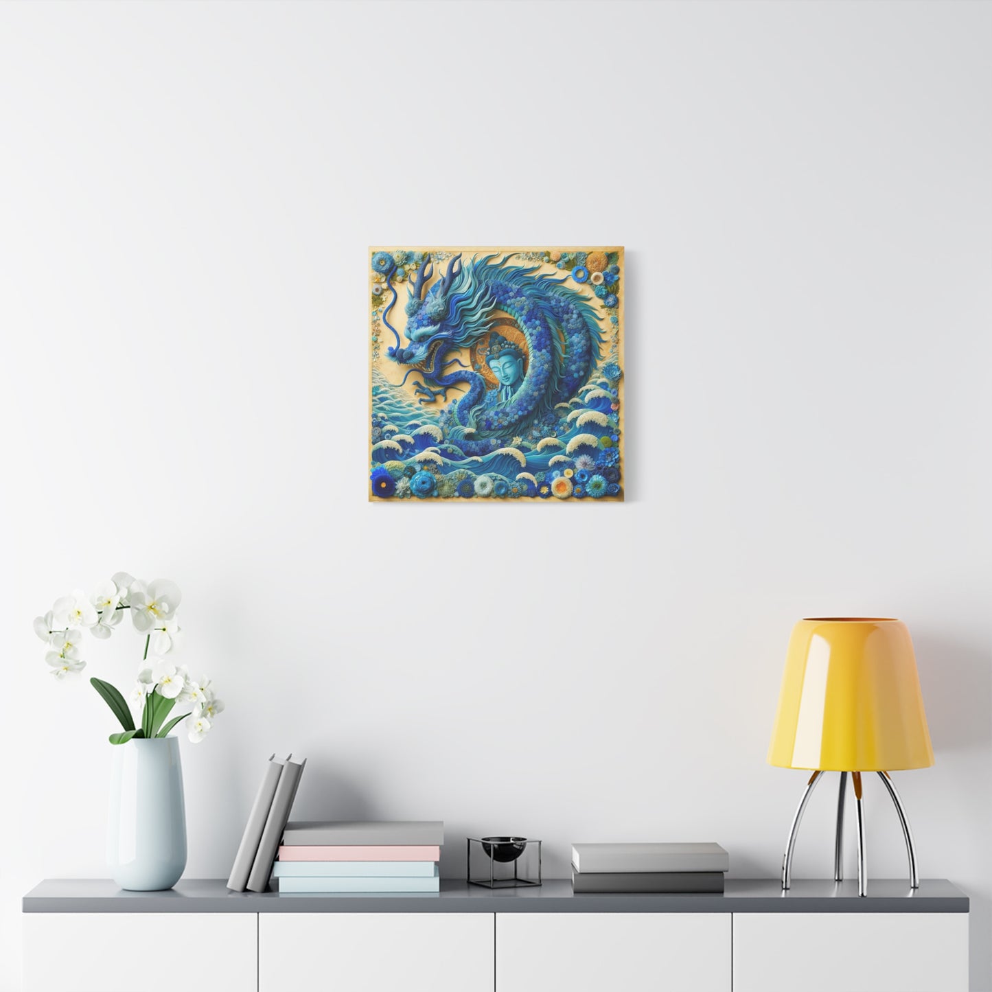 Sacred Blue Dragon and Kuan Yin-Matte Canvas Wall Art