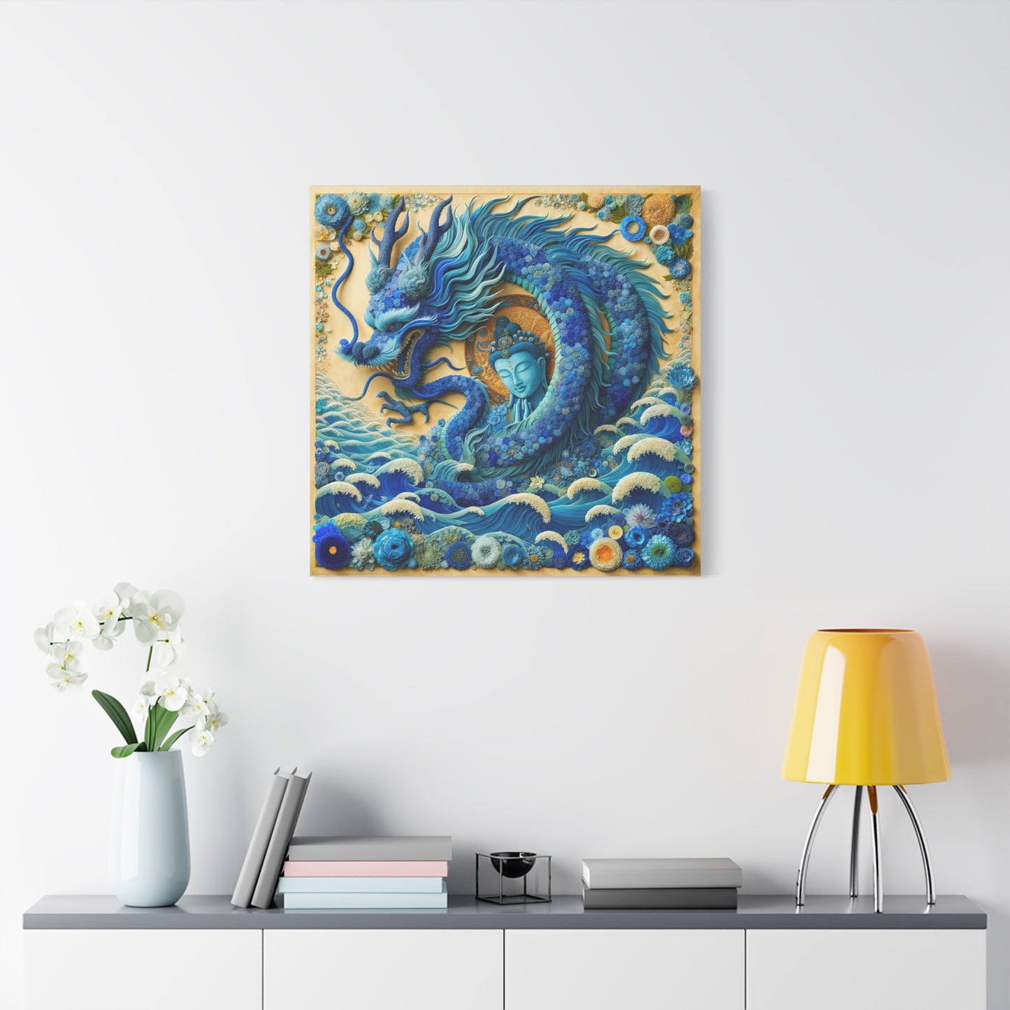 Sacred Blue Dragon and Kuan Yin-Matte Canvas Wall Art