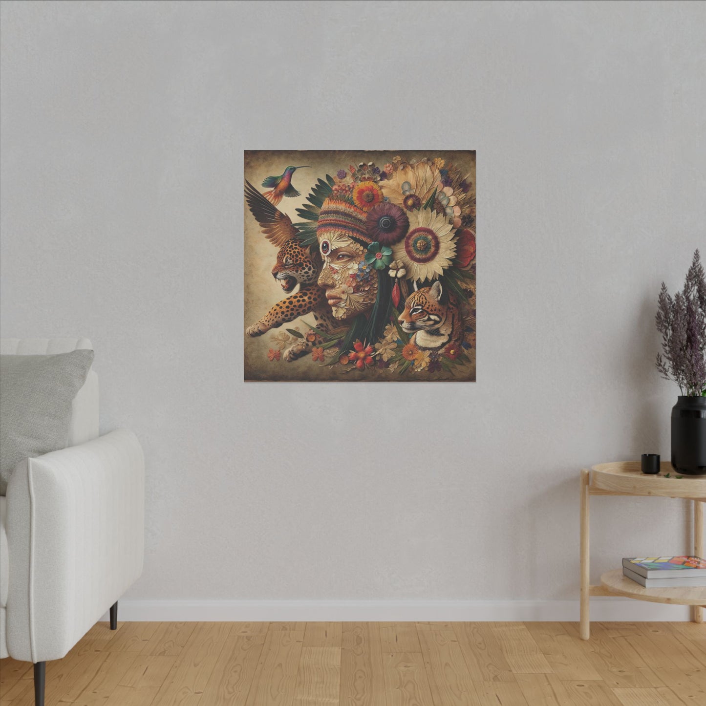 Medicine Woman and Jaguar and Hummingbird Spirit-Matte Mystic Canvas Art