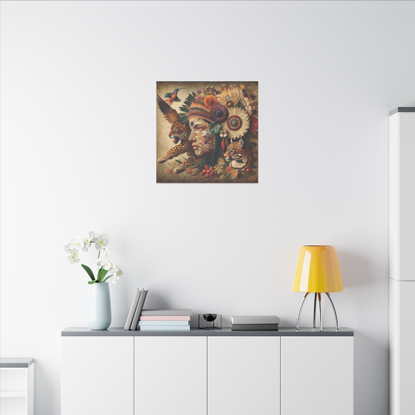 Medicine Woman and Jaguar and Hummingbird Spirit-Matte Mystic Canvas Art