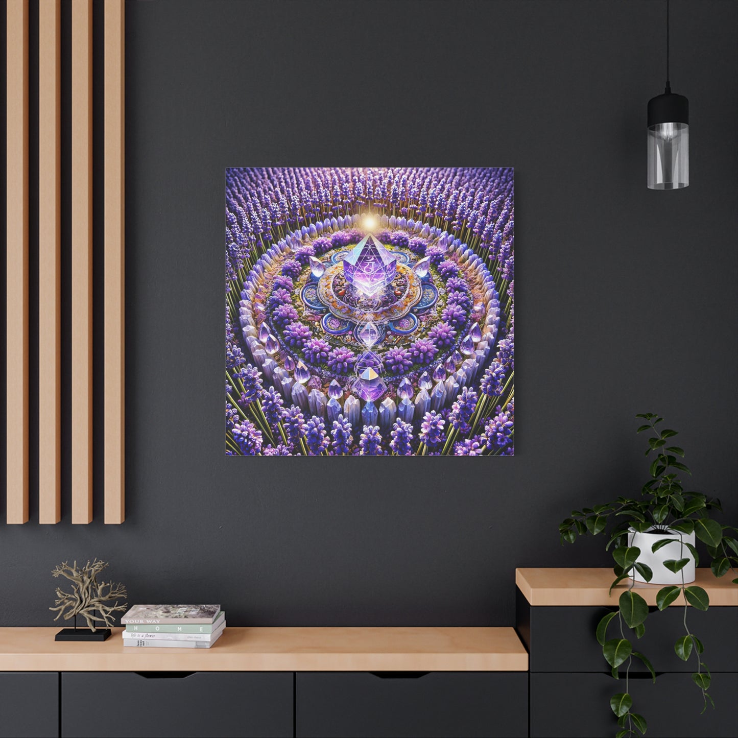 Mandala de lavanda y llama violeta sagrada: arte en lienzo mate