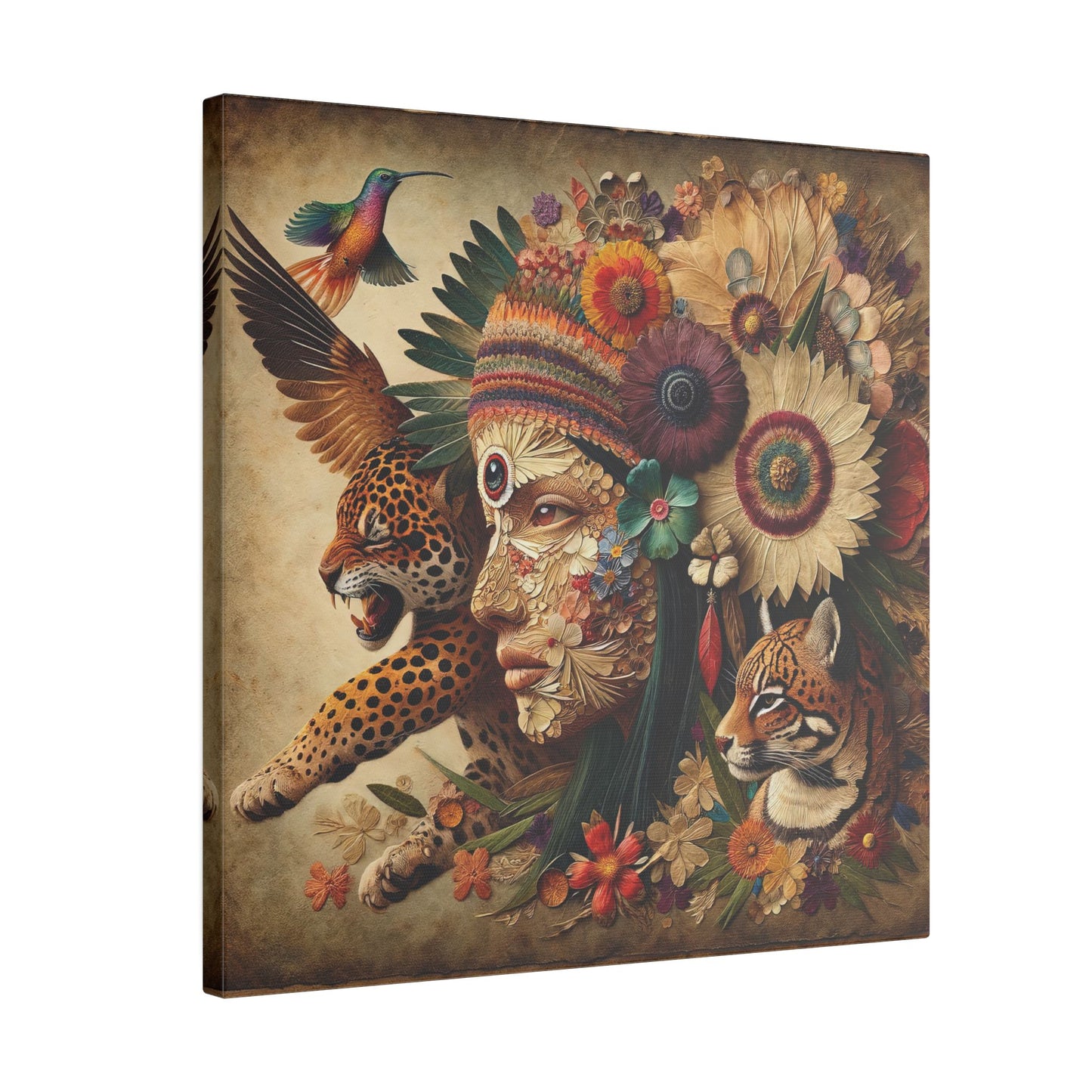 Medicine Woman and Jaguar and Hummingbird Spirit-Matte Mystic Canvas Art