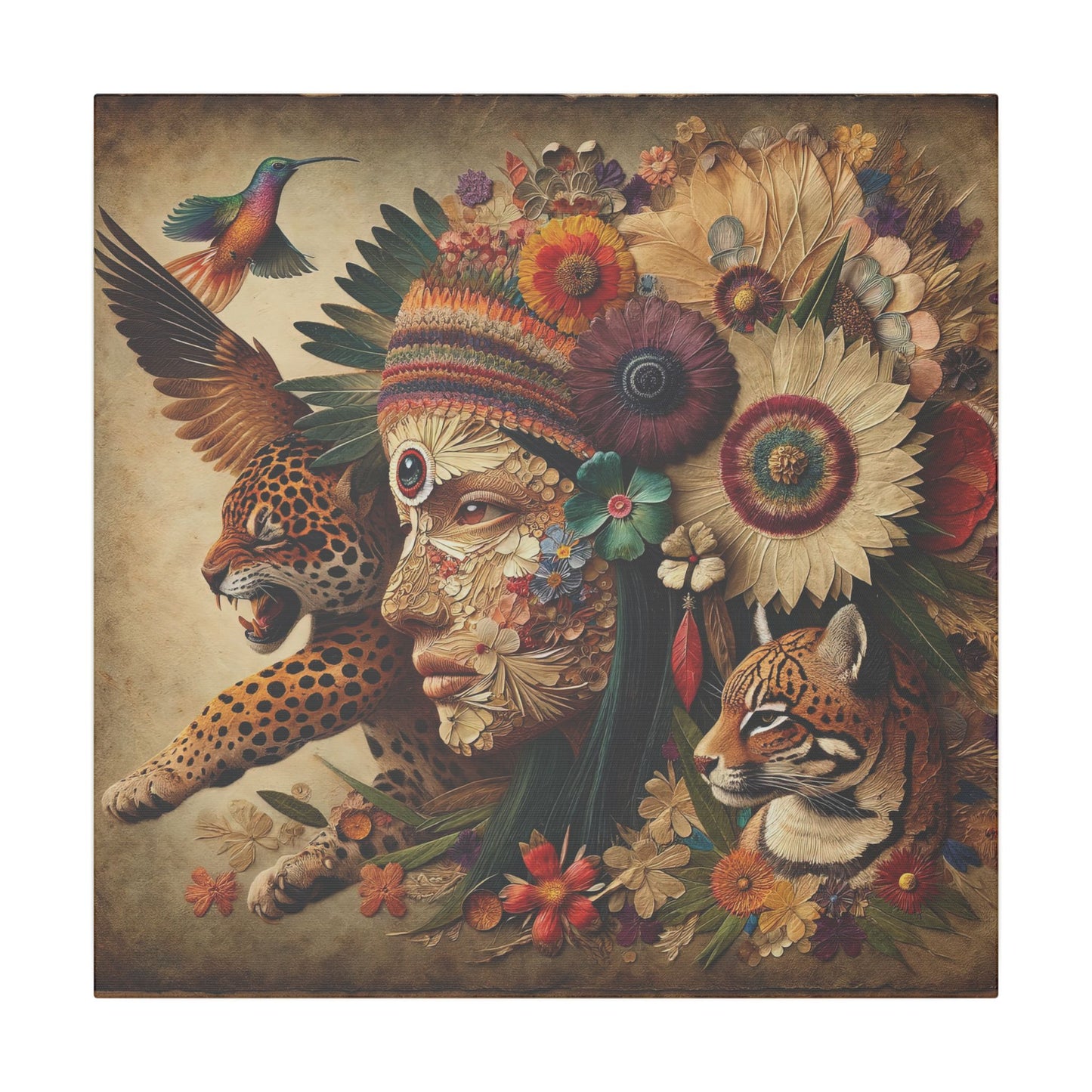 Medicine Woman and Jaguar and Hummingbird Spirit-Matte Mystic Canvas Art