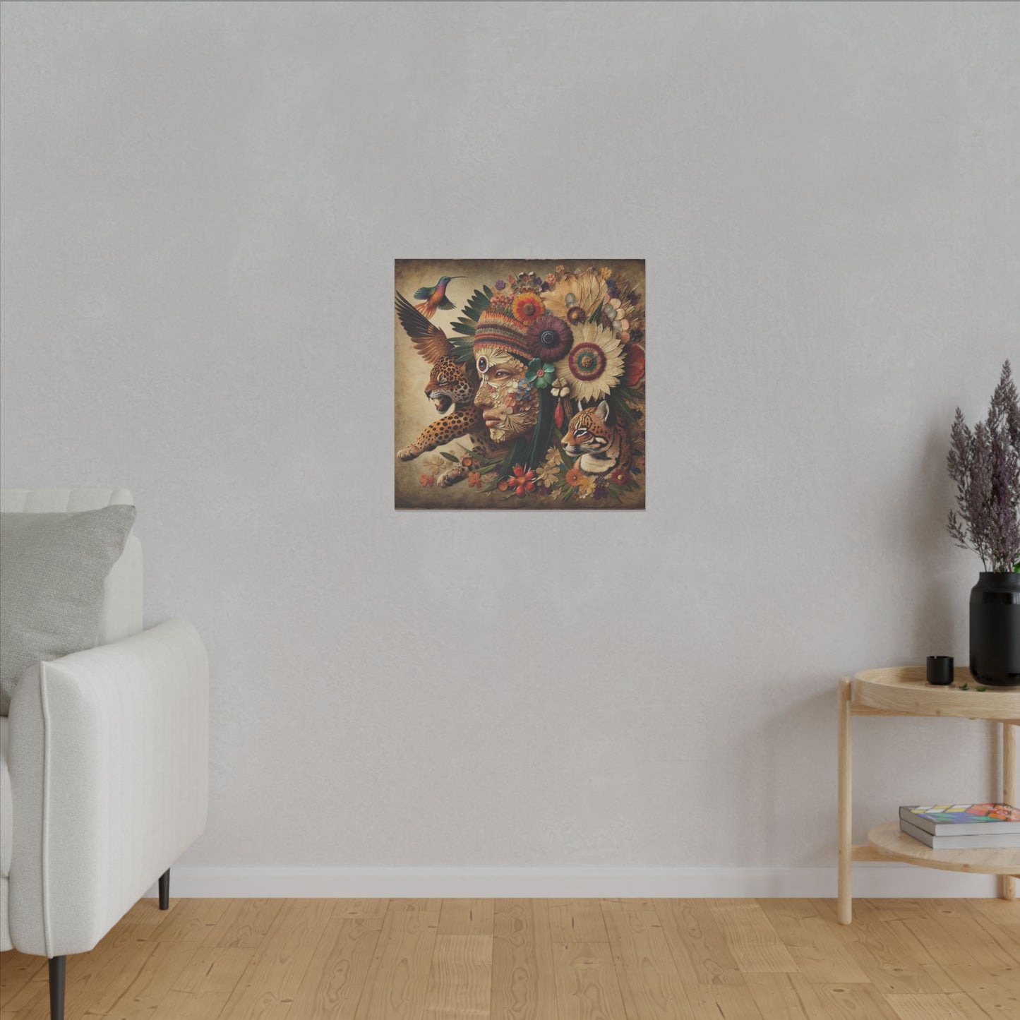 Medicine Woman and Jaguar and Hummingbird Spirit-Matte Mystic Canvas Art