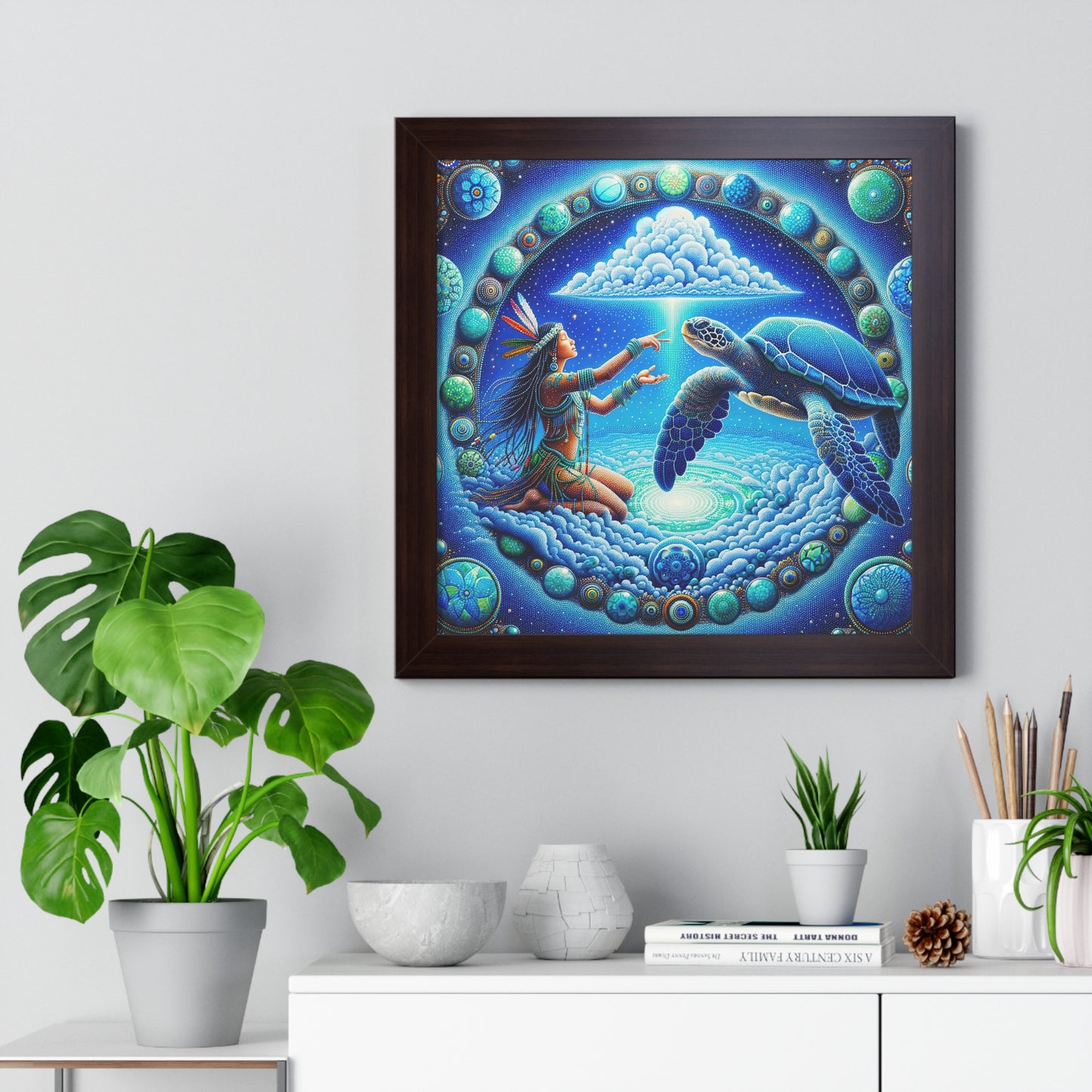 Sky Woman and Turtle-Cosmic Harmony Framed  Poster