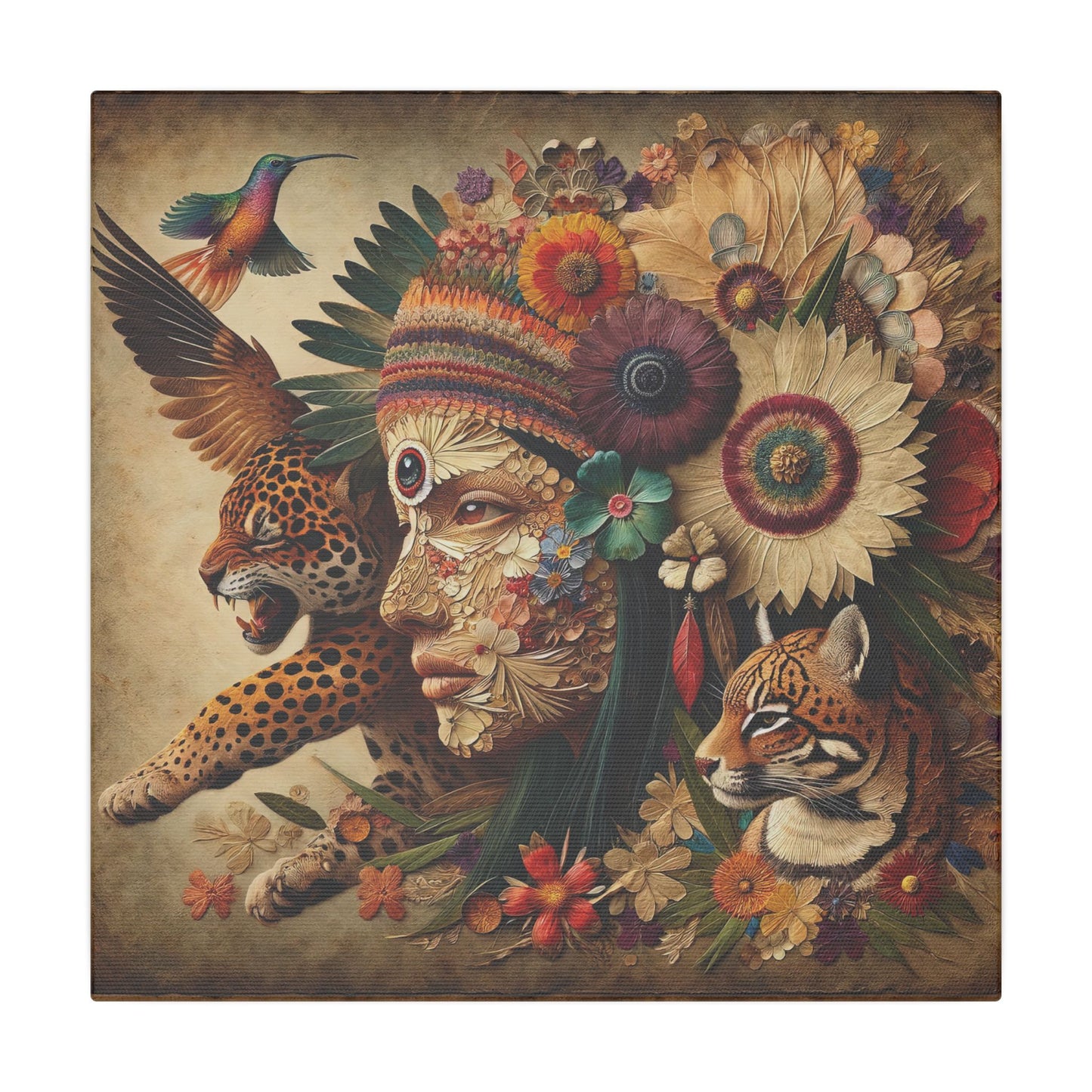 Medicine Woman and Jaguar and Hummingbird Spirit-Matte Mystic Canvas Art