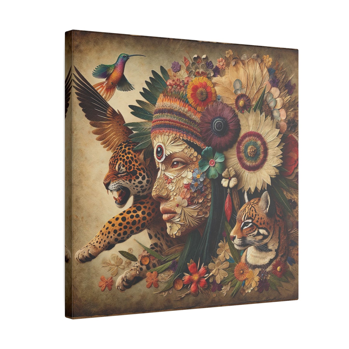 Medicine Woman and Jaguar and Hummingbird Spirit-Matte Mystic Canvas Art