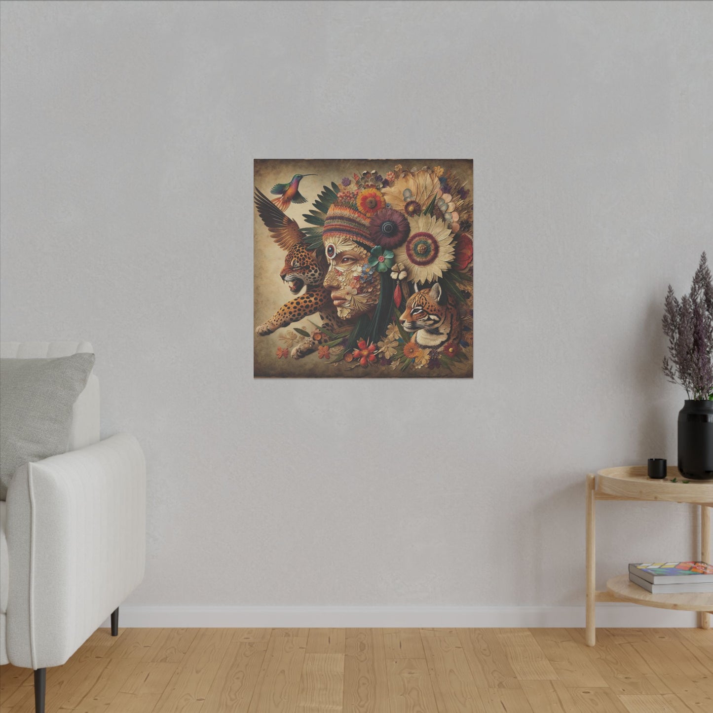 Medicine Woman and Jaguar and Hummingbird Spirit-Matte Mystic Canvas Art