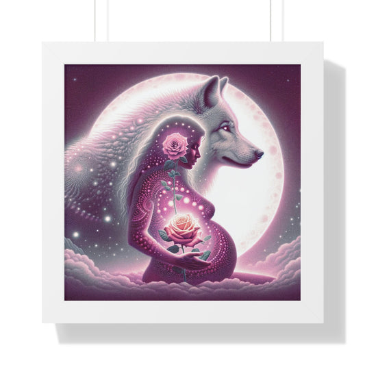 Rose and Moon Wolf, Awakening Sacred Feminine- Framed Vertical Print