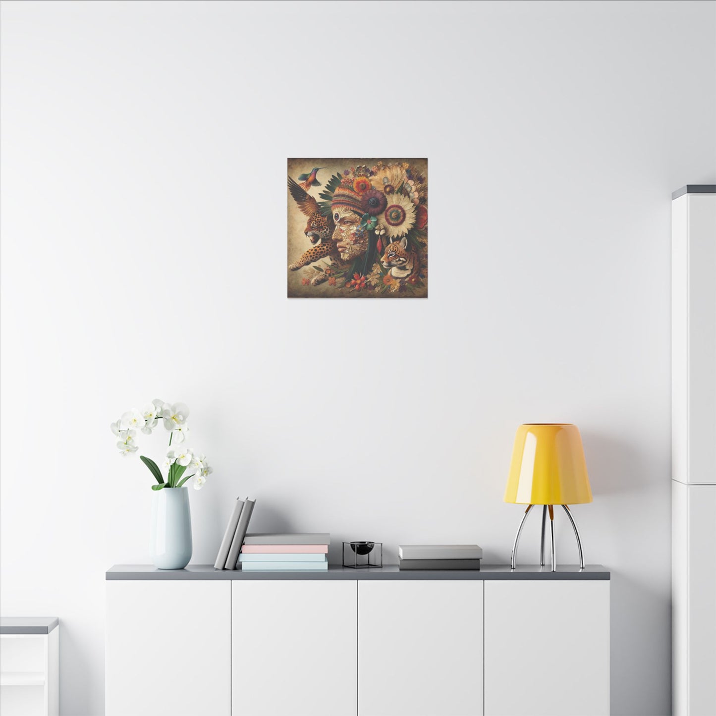 Medicine Woman and Jaguar and Hummingbird Spirit-Matte Mystic Canvas Art