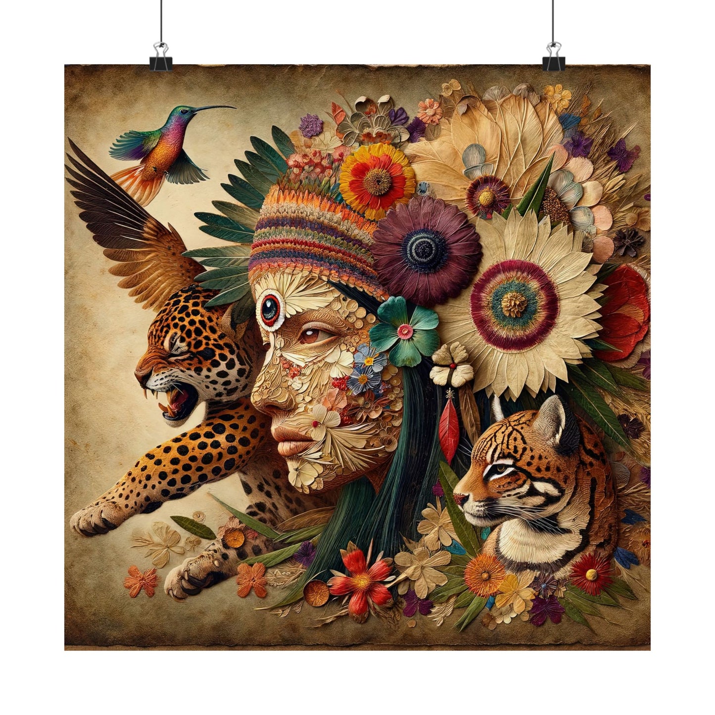 Medicine Woman, Jaguar & Hummingbird Spirit-Museum Grade Art Poster